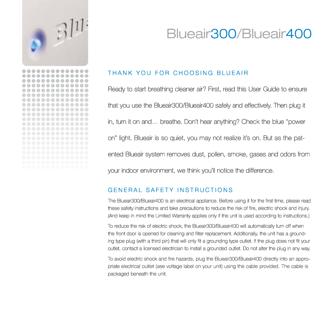 Filtera manual Blueair300/Blueair400, G E N E R A L S A F E T Y I N S T R U C T I O N S 