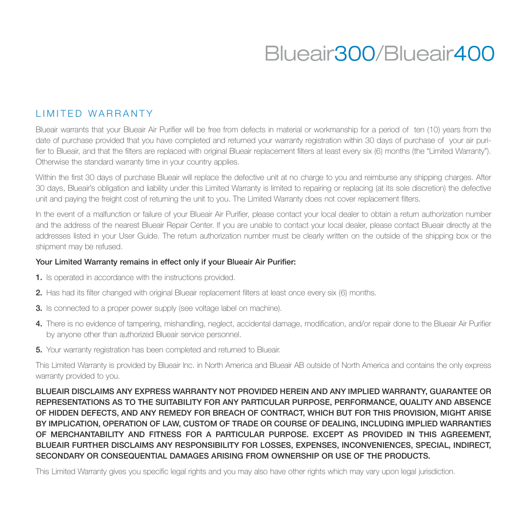 Filtera manual L I M I T E D W A R R A N T Y, Blueair300/Blueair400 