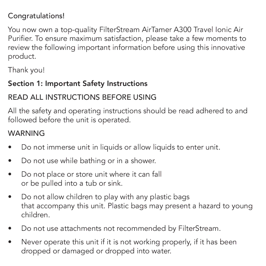 FilterStream A300 important safety instructions Read ALL Instructions Before Using 