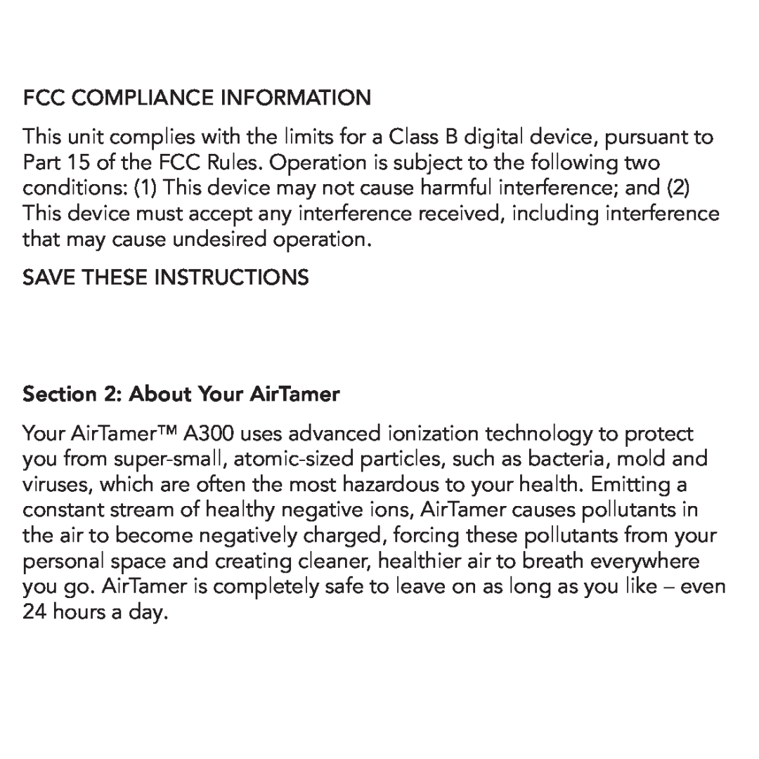 FilterStream A300 important safety instructions Fcc Compliance Information, Save These Instructions, About Your AirTamer 