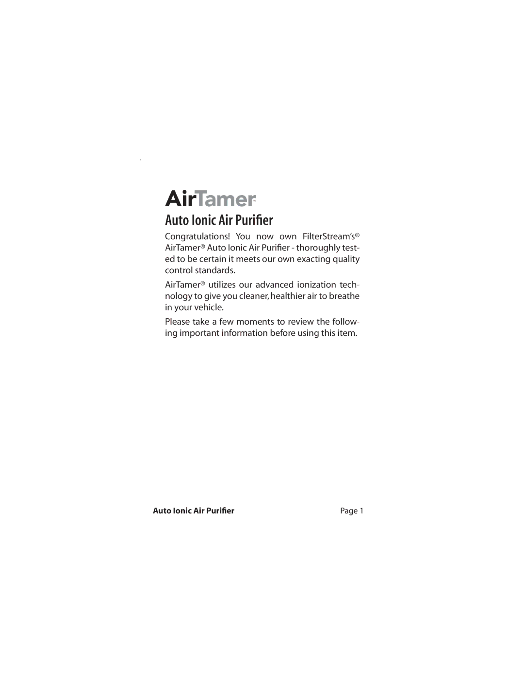 FilterStream A400 instruction manual AirTamer, Auto Ionic Air Puriﬁer 