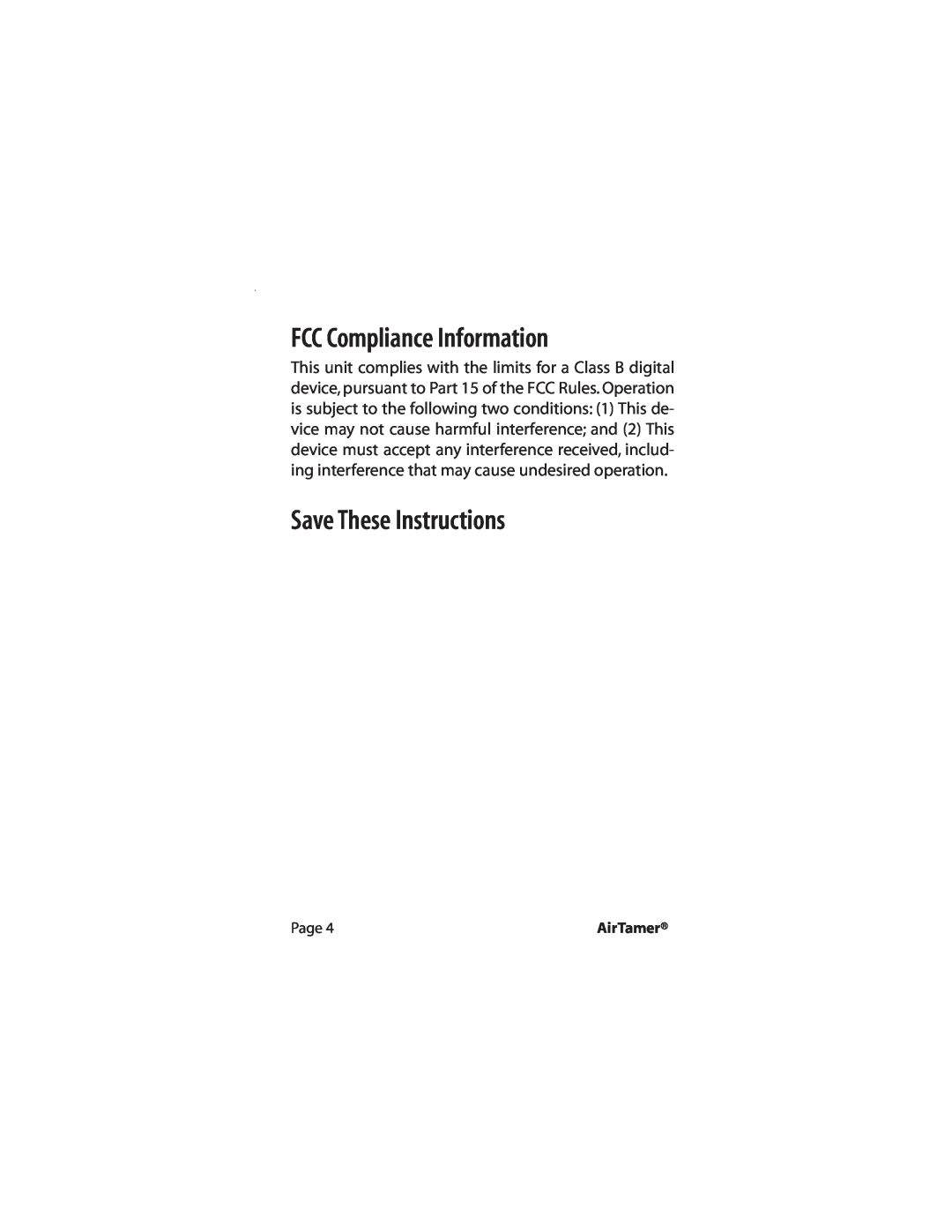 FilterStream A400 instruction manual FCC Compliance Information, Save These Instructions, Page, AirTamer 