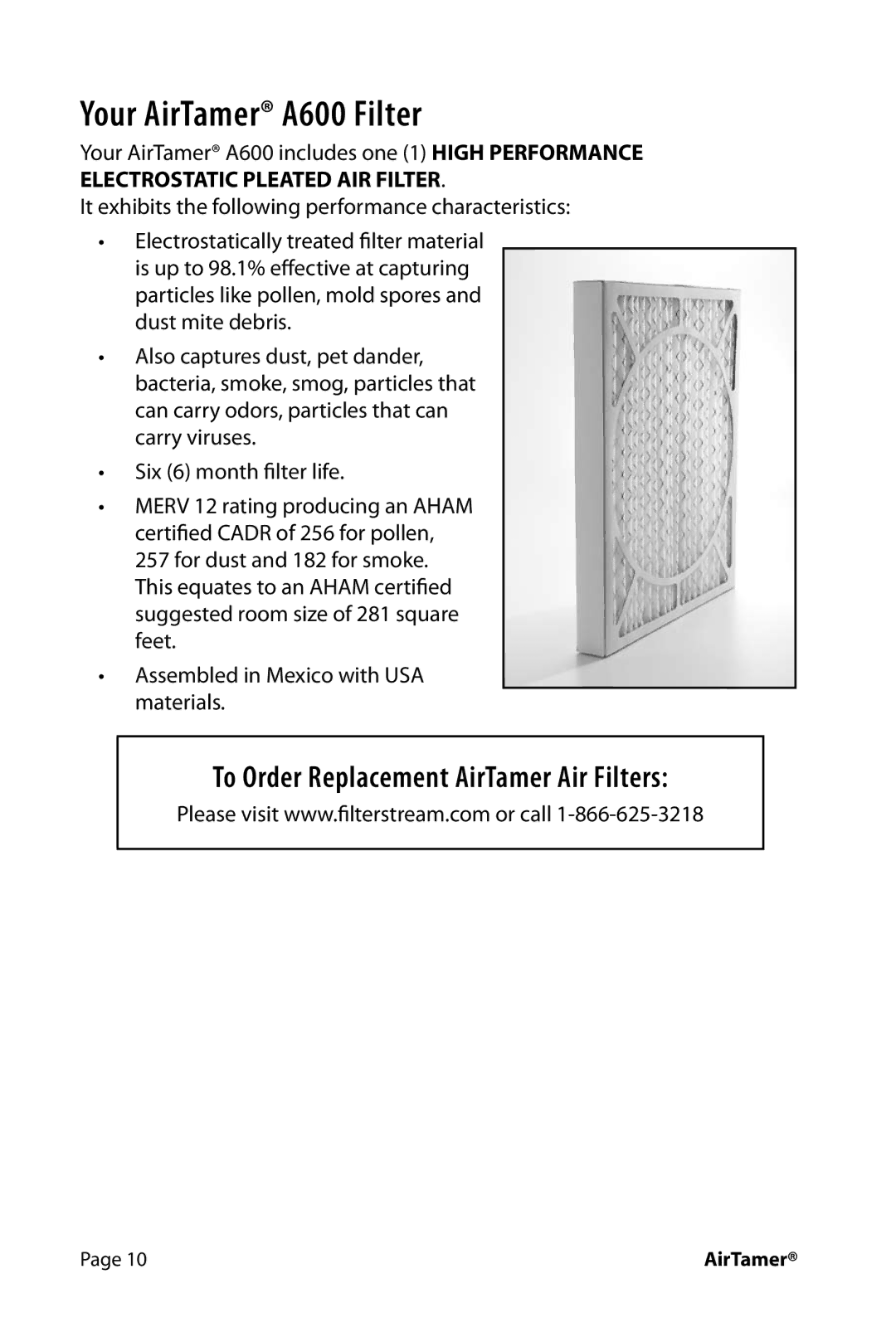 FilterStream instruction manual Your AirTamer A600 Filter, To Order Replacement AirTamer Air Filters 