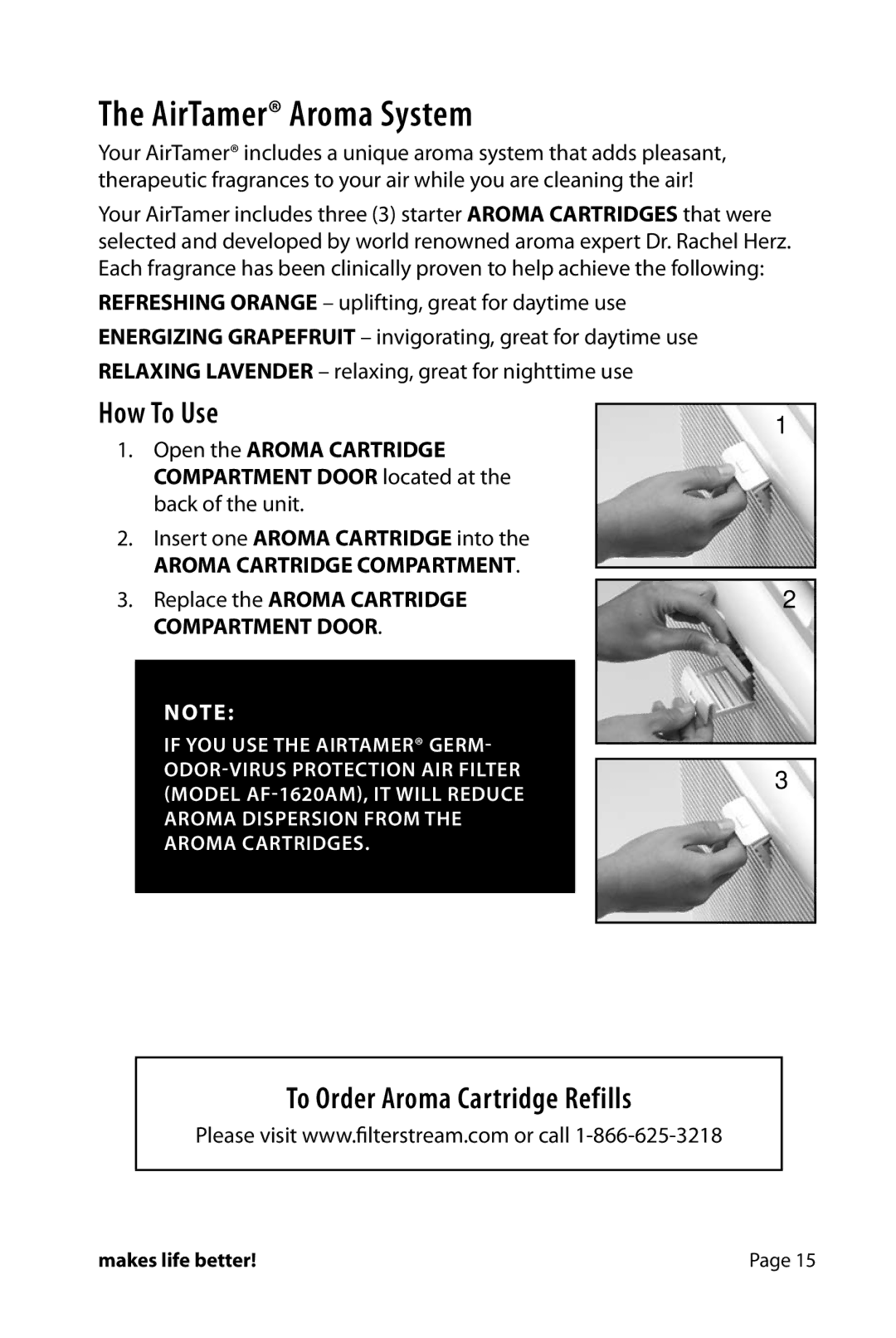 FilterStream A600 instruction manual AirTamer Aroma System, How To Use, To Order Aroma Cartridge Refills 