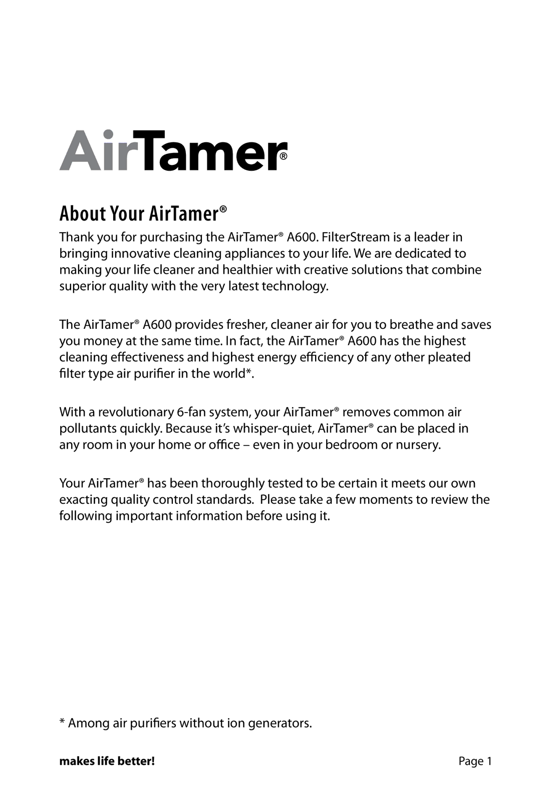 FilterStream A600 instruction manual About Your AirTamer 