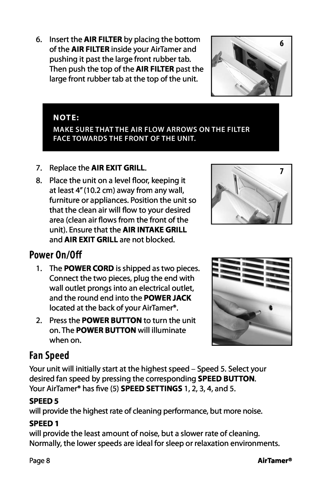 FilterStream A600 instruction manual Power On/Off, Fan Speed, Replace the AIR EXIT GRILL 