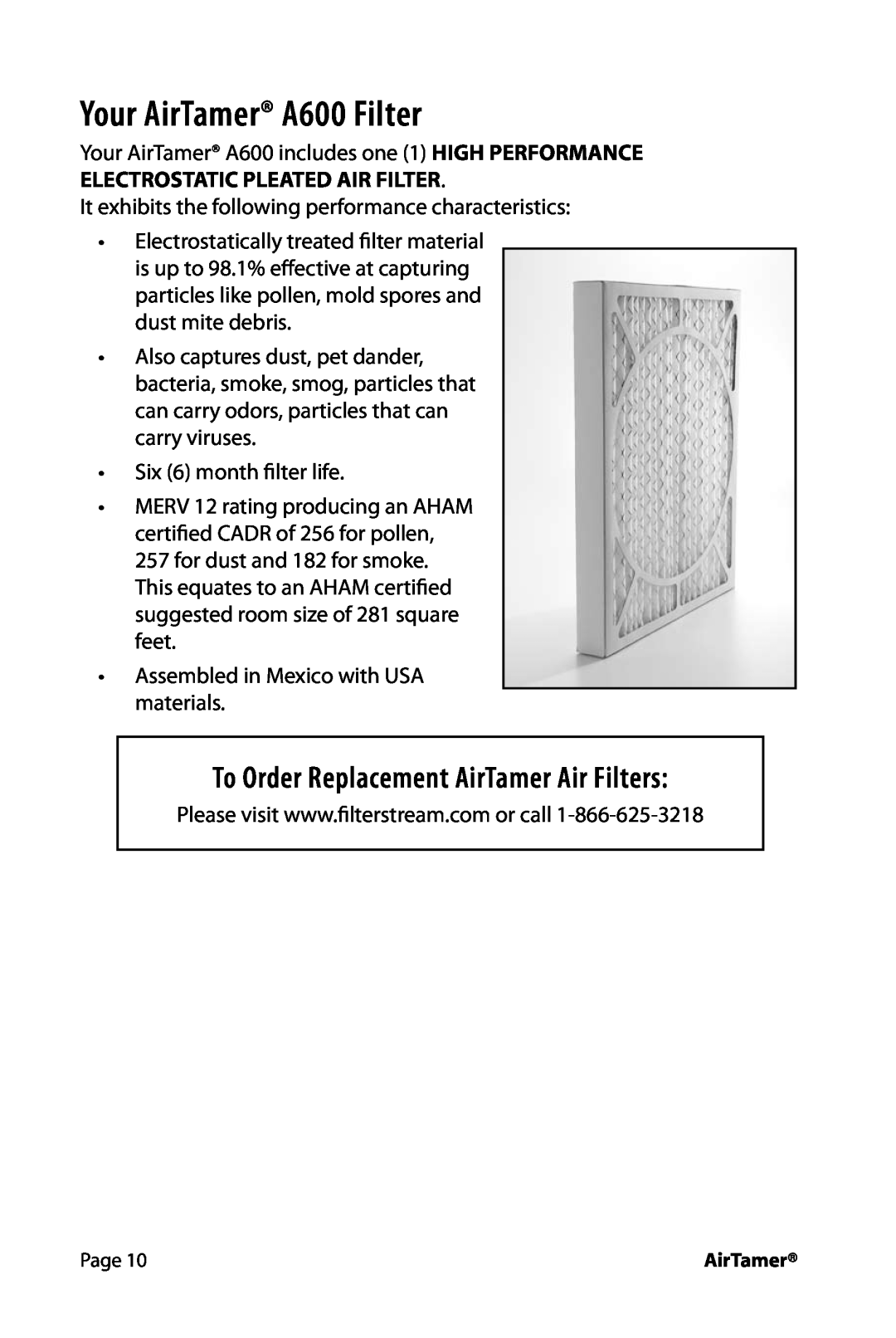 FilterStream instruction manual Your AirTamer A600 Filter, To Order Replacement AirTamer Air Filters 