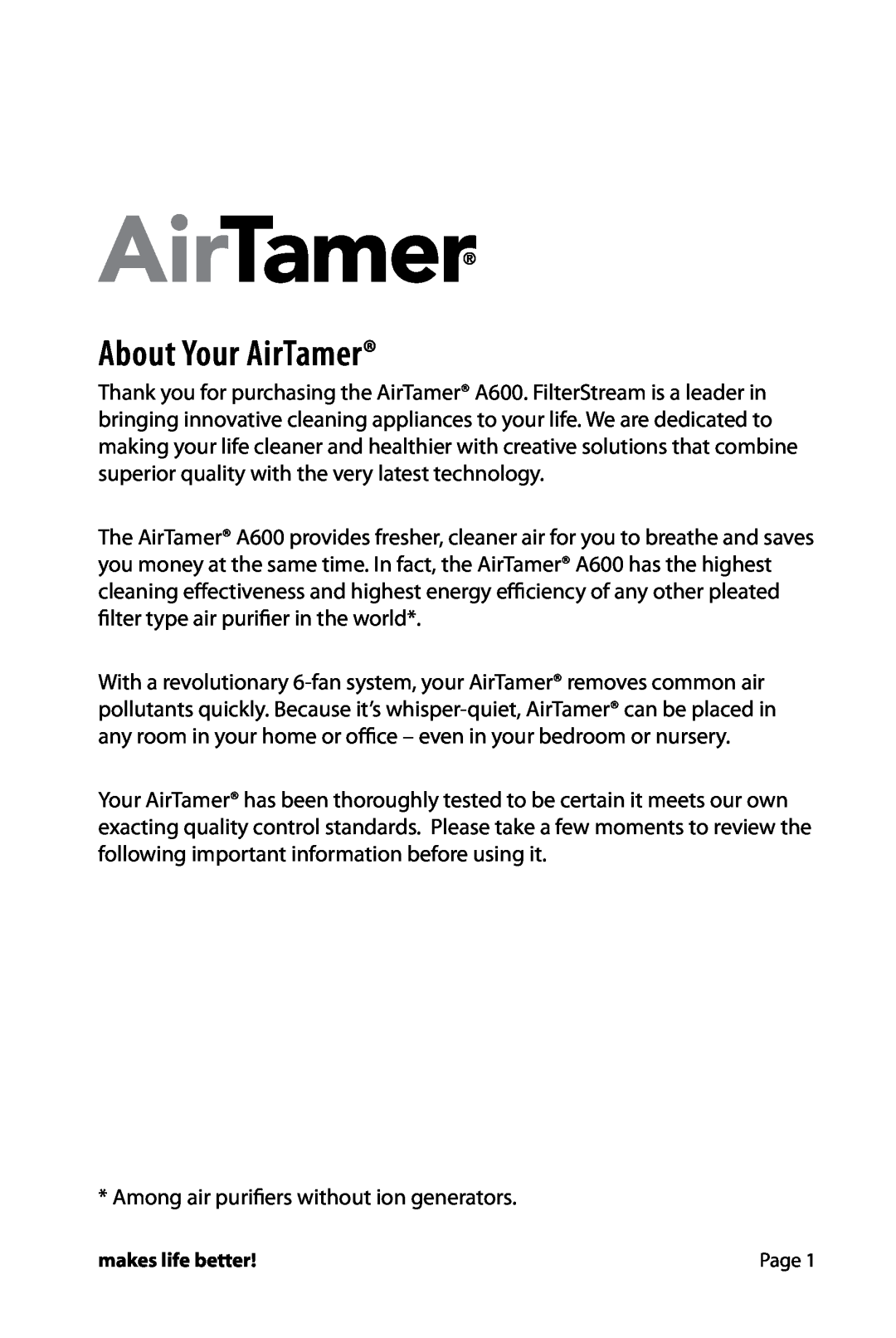 FilterStream A600 instruction manual About Your AirTamer 