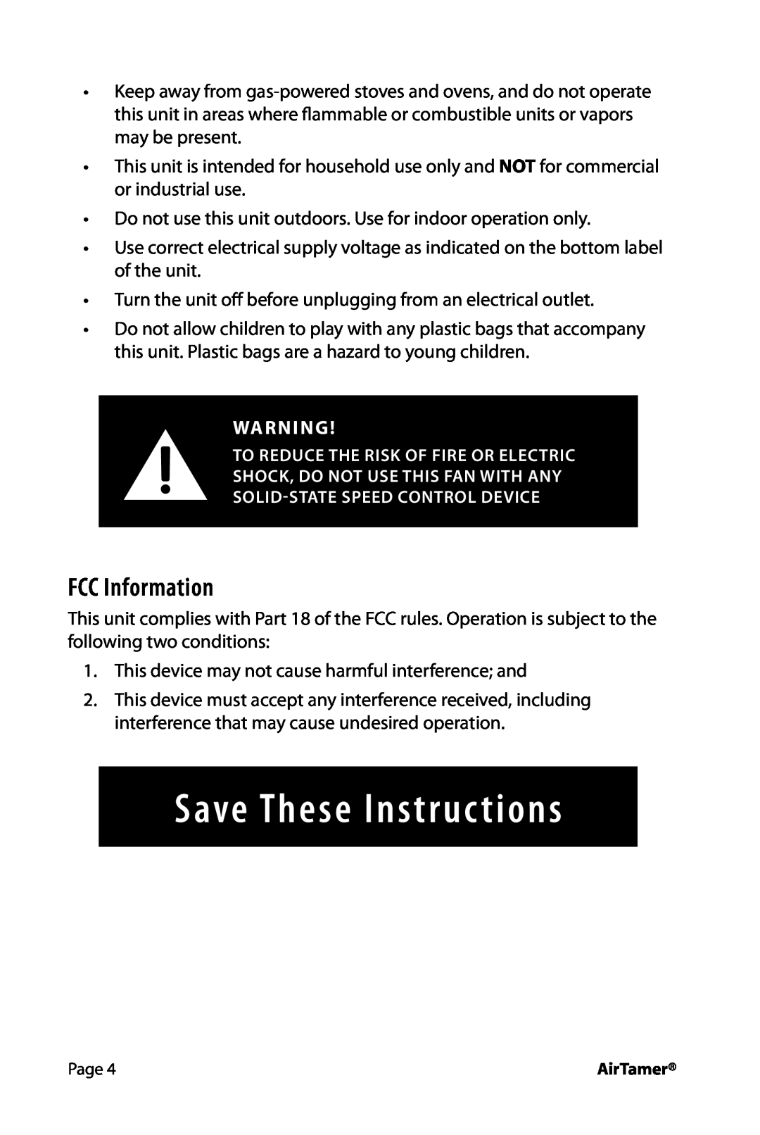 FilterStream A600 instruction manual FCC Information, Save These Instructions 