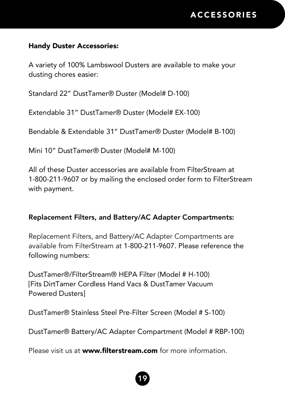 FilterStream D4200 instruction manual C E S S O R I E S, Handy Duster Accessories 