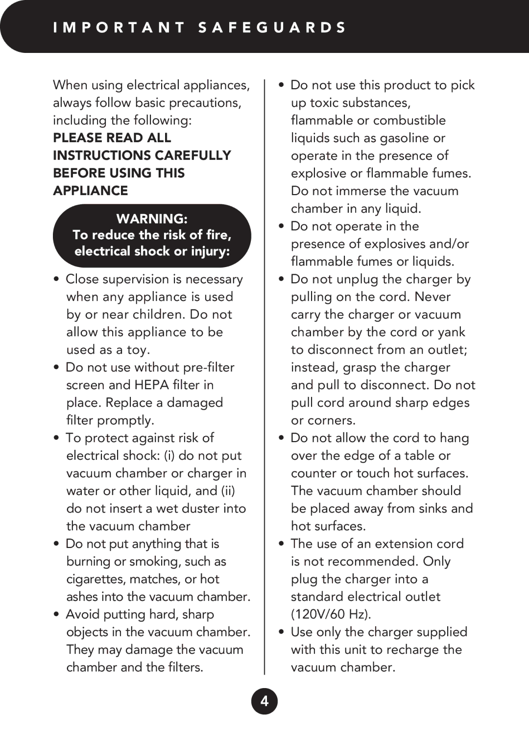 FilterStream D4200 P O R T a N T S a F E G U a R D S, To reduce the risk of fire, electrical shock or injury 