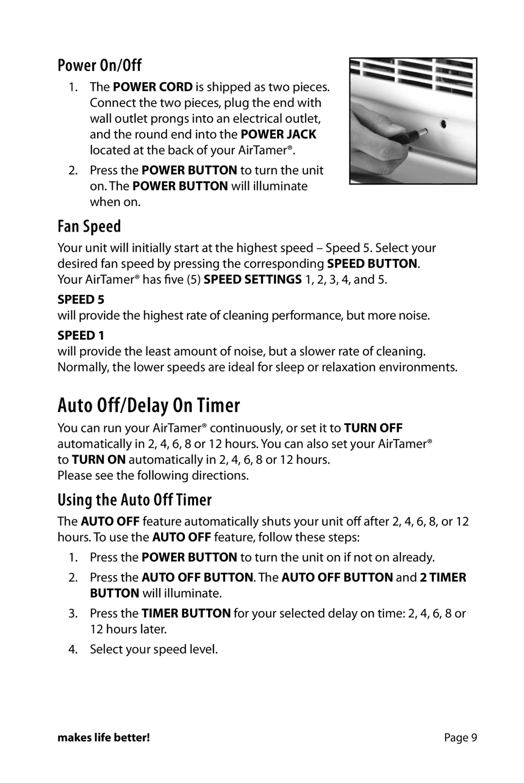 FilterStream HW_A710 instruction manual Auto Off/Delay On Timer, Power On/Off, Fan Speed, Using the Auto Off Timer 