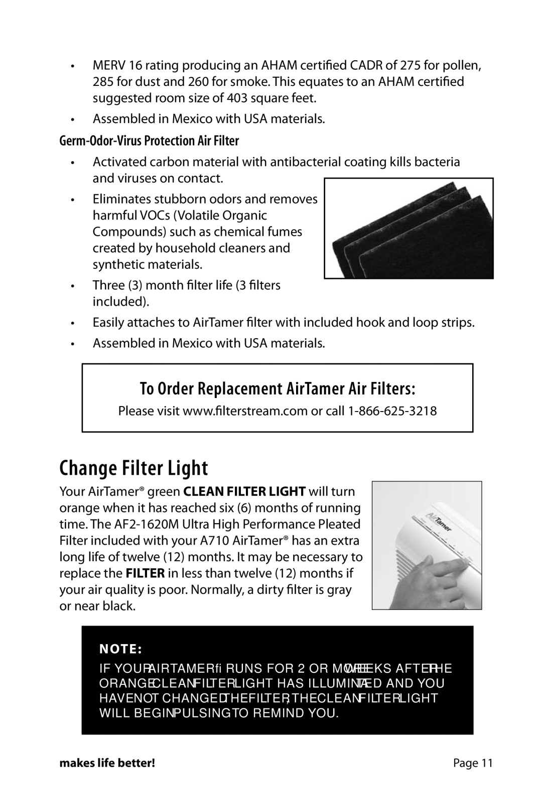 FilterStream HW_A710 instruction manual Change Filter Light, Germ-Odor-Virus Protection Air Filter 