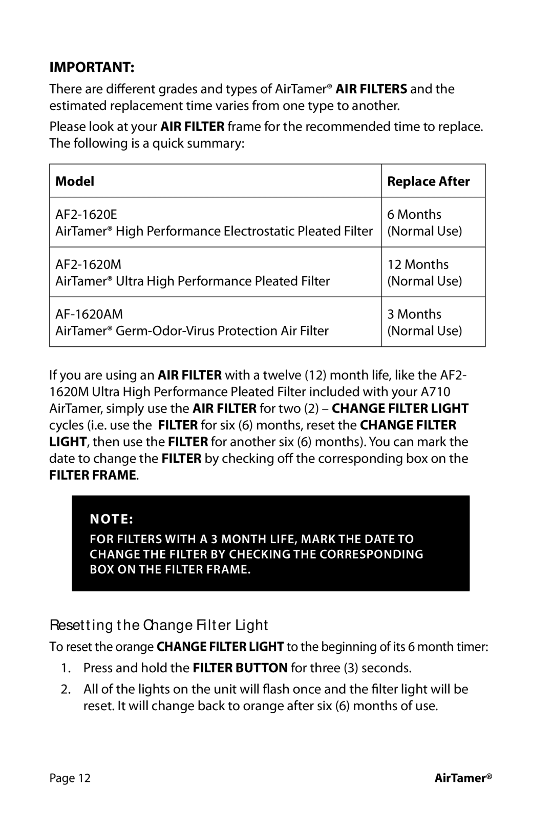 FilterStream HW_A710 instruction manual Resetting the Change Filter Light, Filter Frame 