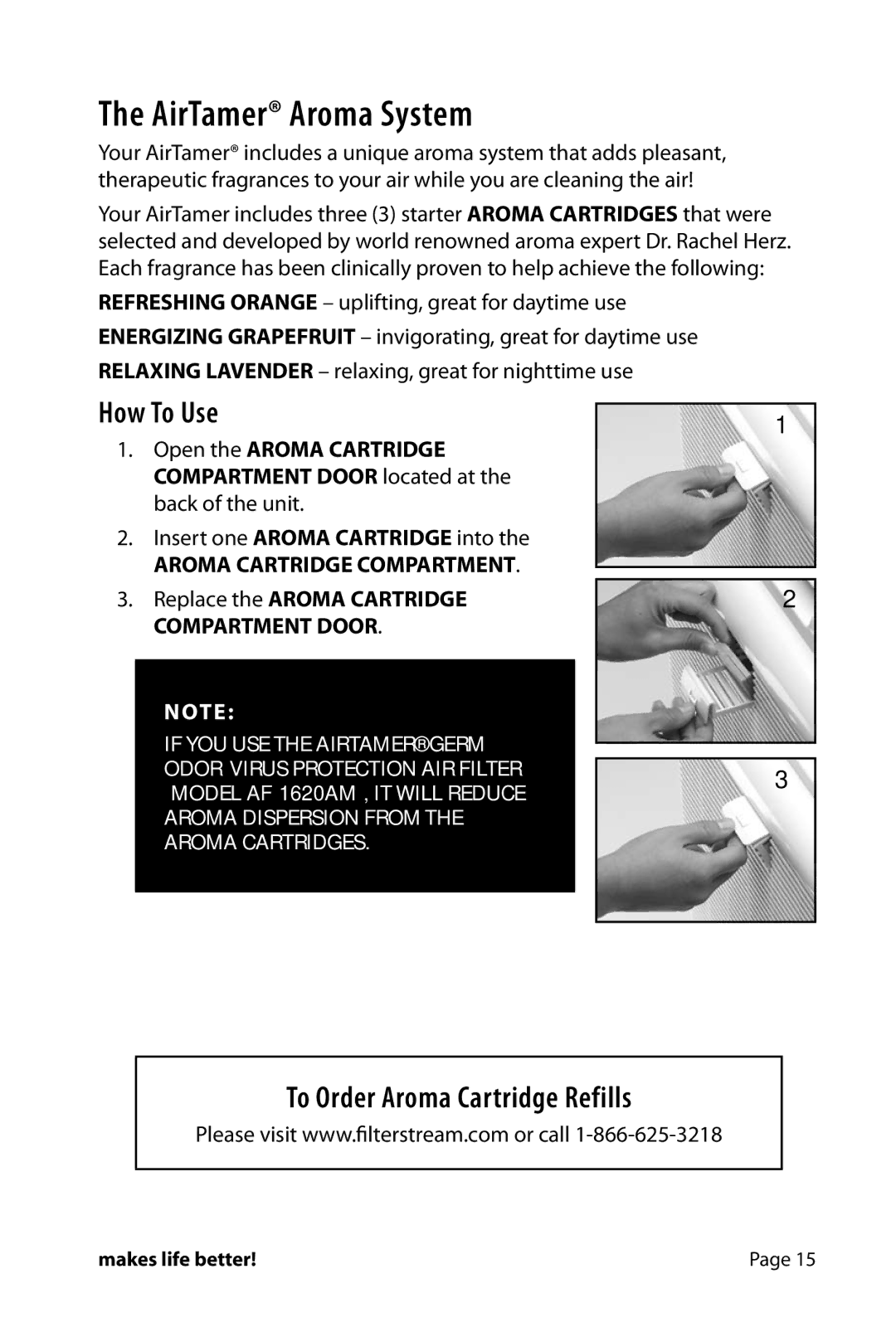 FilterStream HW_A710 AirTamer Aroma System, How To Use, To Order Aroma Cartridge Refills, Aroma Cartridge Compartment 