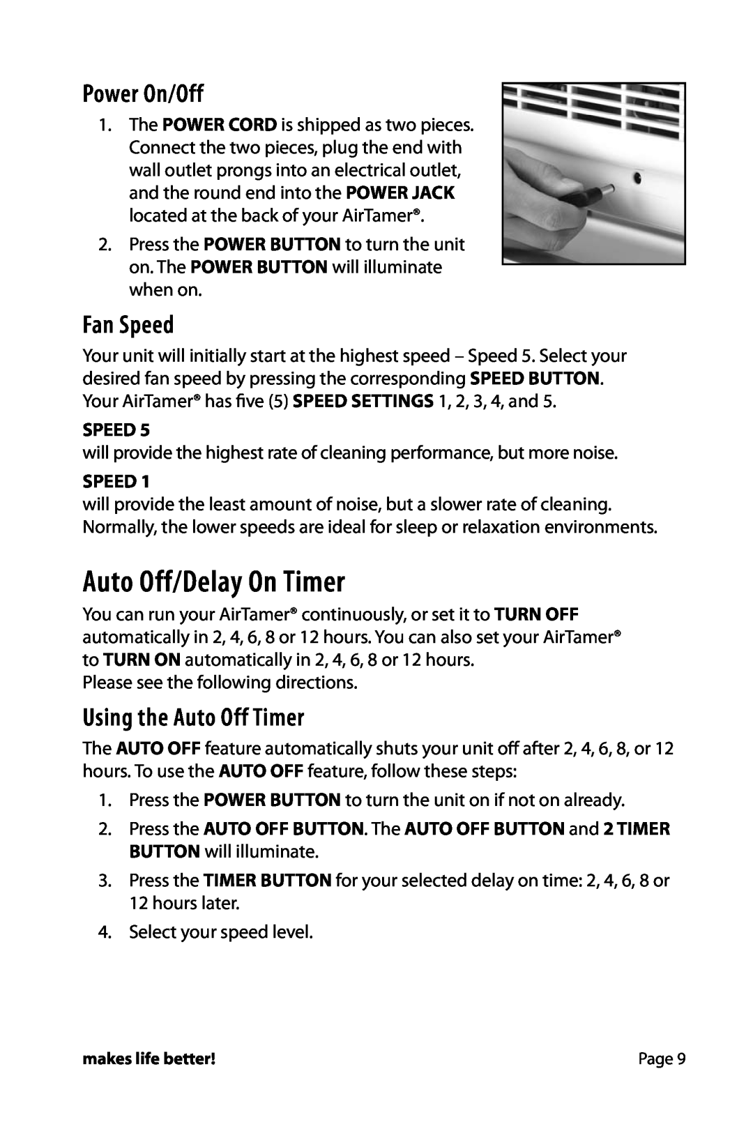 FilterStream HW_A710 instruction manual Auto Off/Delay On Timer, Power On/Off, Fan Speed, Using the Auto Off Timer 
