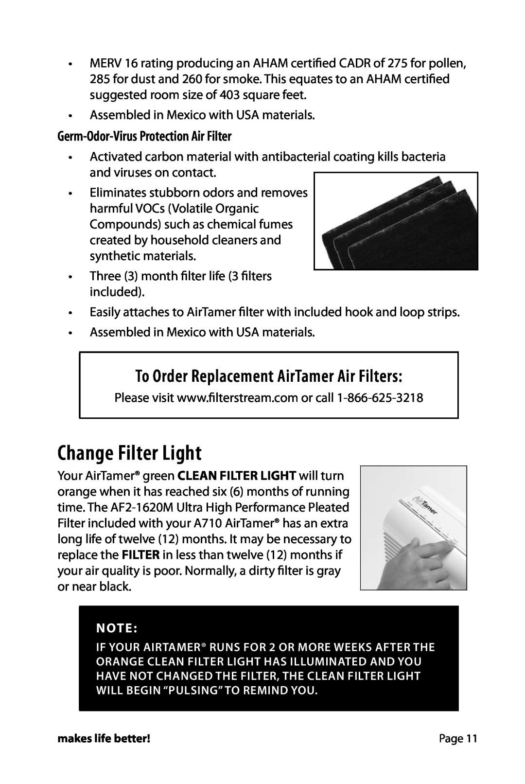 FilterStream HW_A710 Change Filter Light, Germ-Odor-VirusProtection Air Filter, To Order Replacement AirTamer Air Filters 