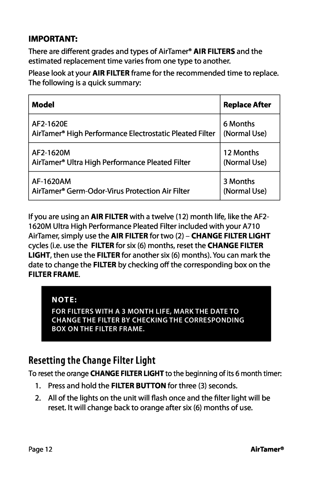 FilterStream HW_A710 instruction manual Resetting the Change Filter Light, Model, Replace After, Filter Frame 