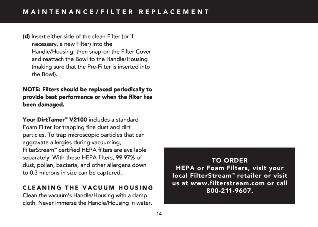 FilterStream V2100 instruction manual To Order 