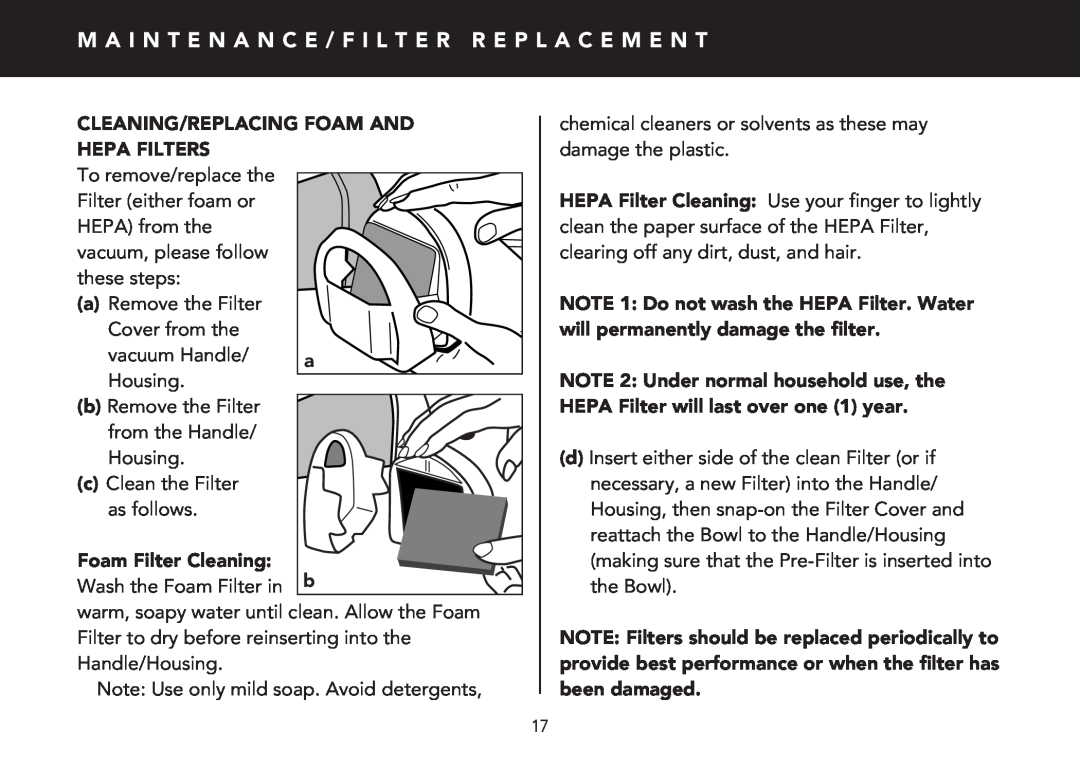 FilterStream V2210 instruction manual Cleaning/Replacing Foam And Hepa Filters, Foam Filter Cleaning 