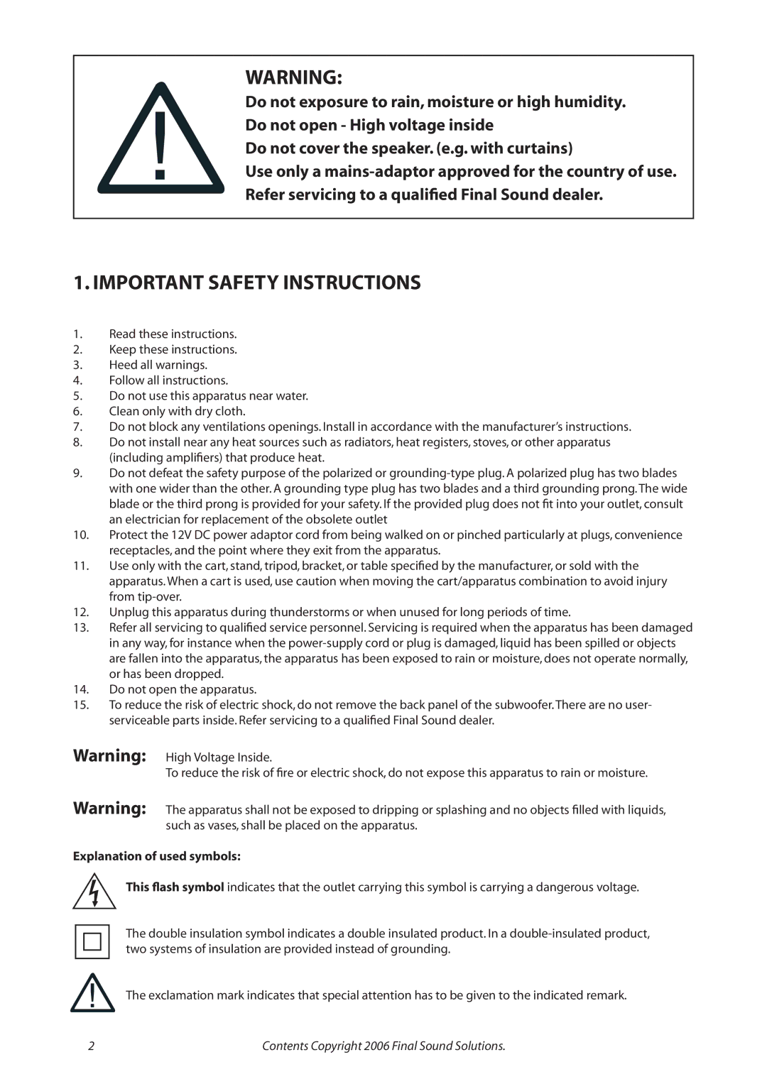 Final Sound F1000i user manual Important Safety Instructions, Explanation of used symbols 