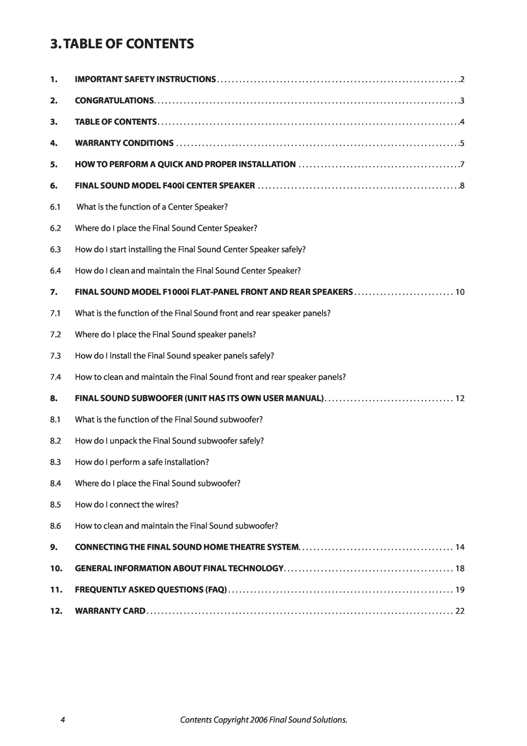Final Sound F1000i user manual Table Of Contents 