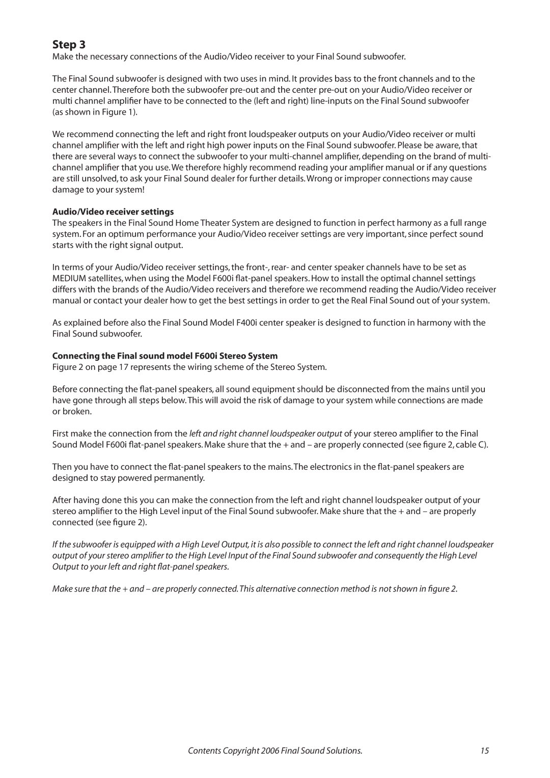 Final Sound user manual Audio/Video receiver settings, Connecting the Final sound model F600i Stereo System 