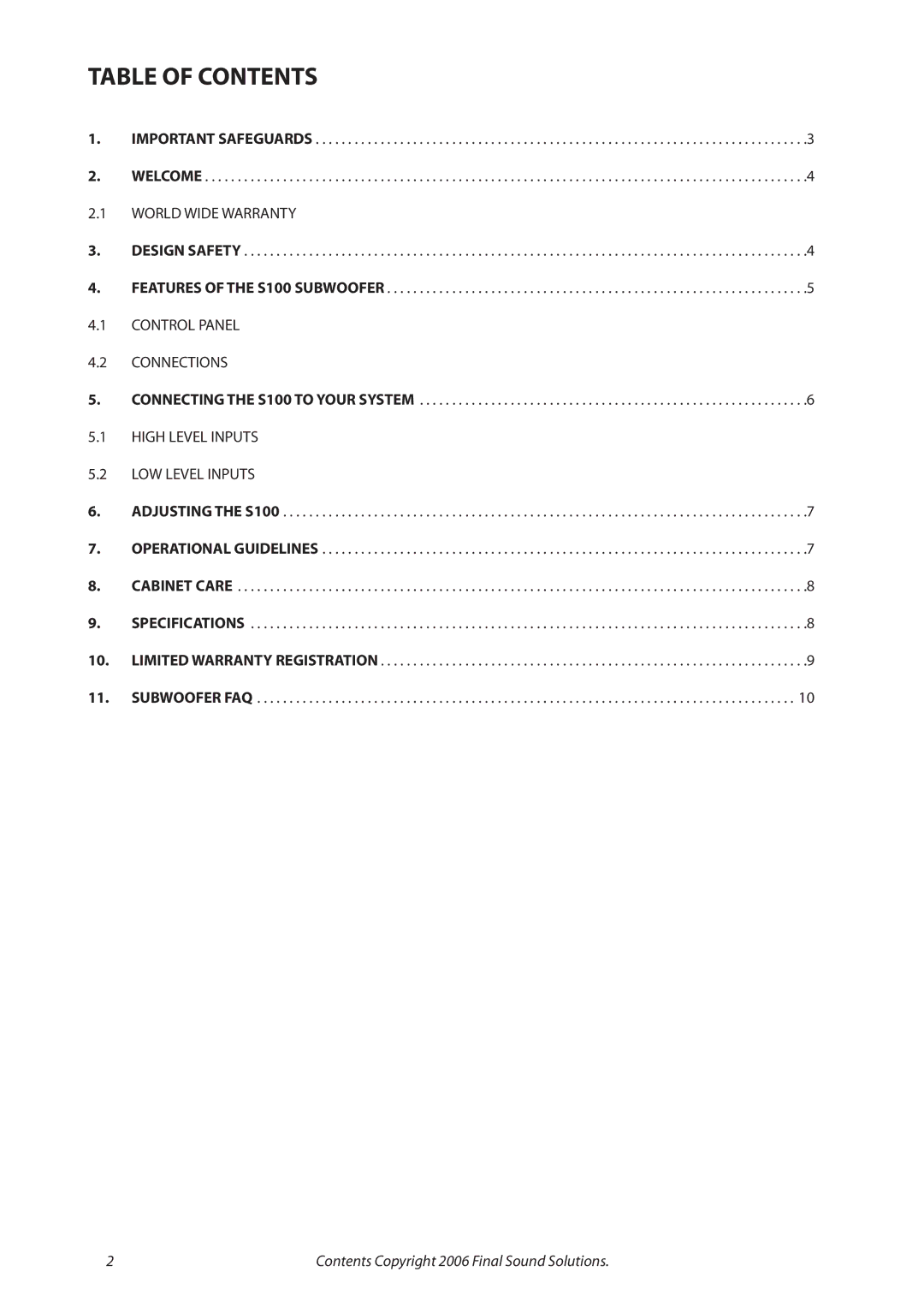 Final Sound S100 user manual Table of Contents 