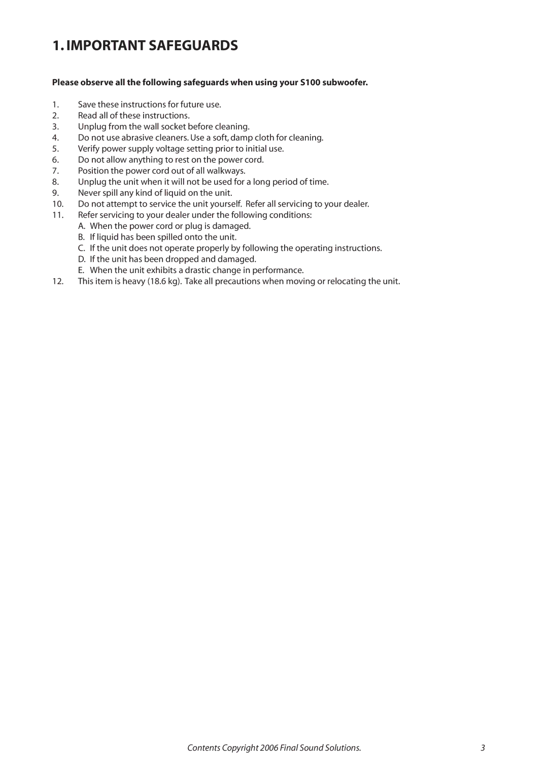 Final Sound S100 user manual Important Safeguards 