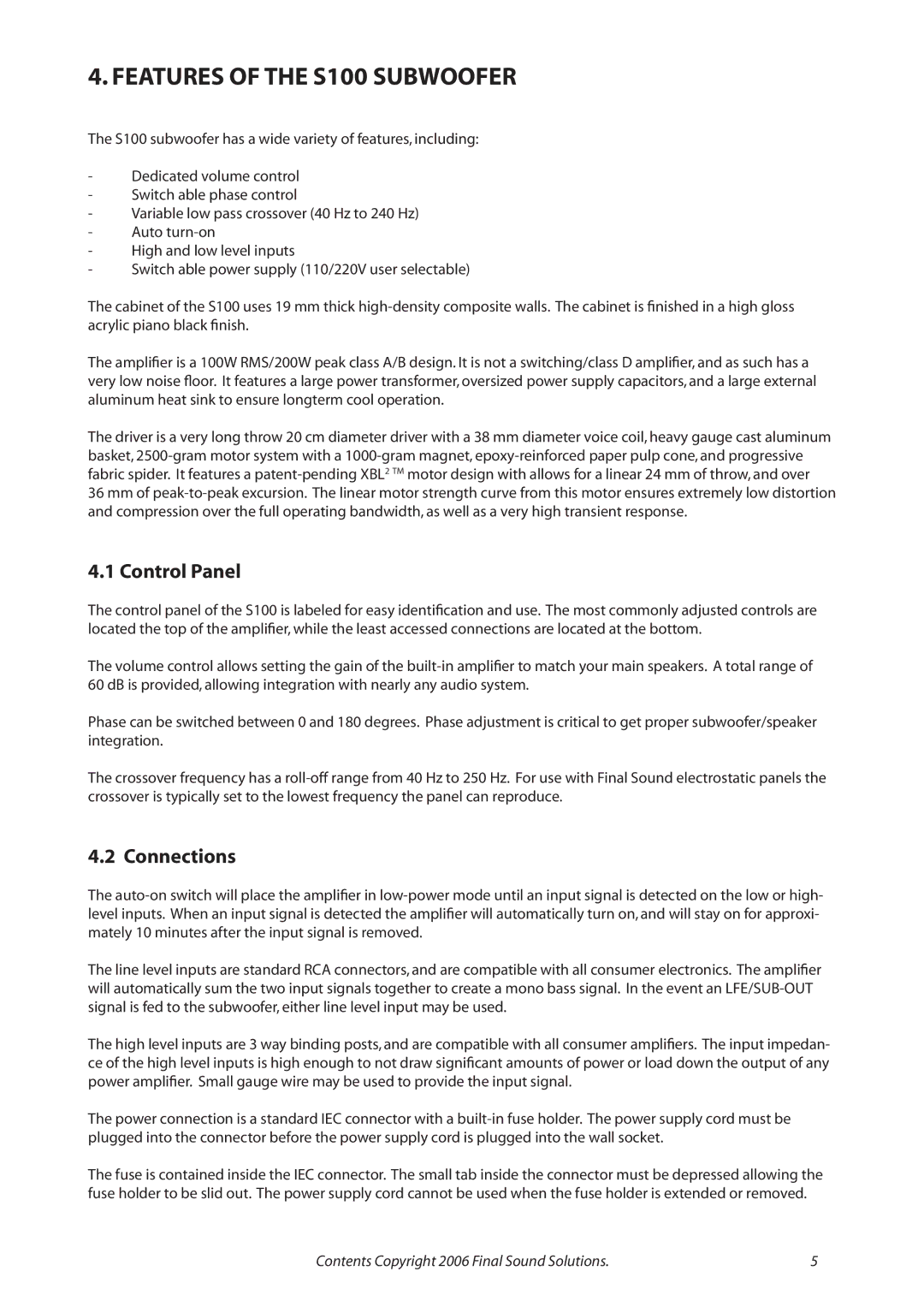 Final Sound user manual Features of the S100 Subwoofer, Control Panel, Connections 