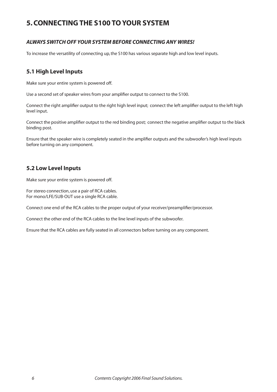 Final Sound user manual Connecting the S100 to Your System, High Level Inputs, Low Level Inputs 