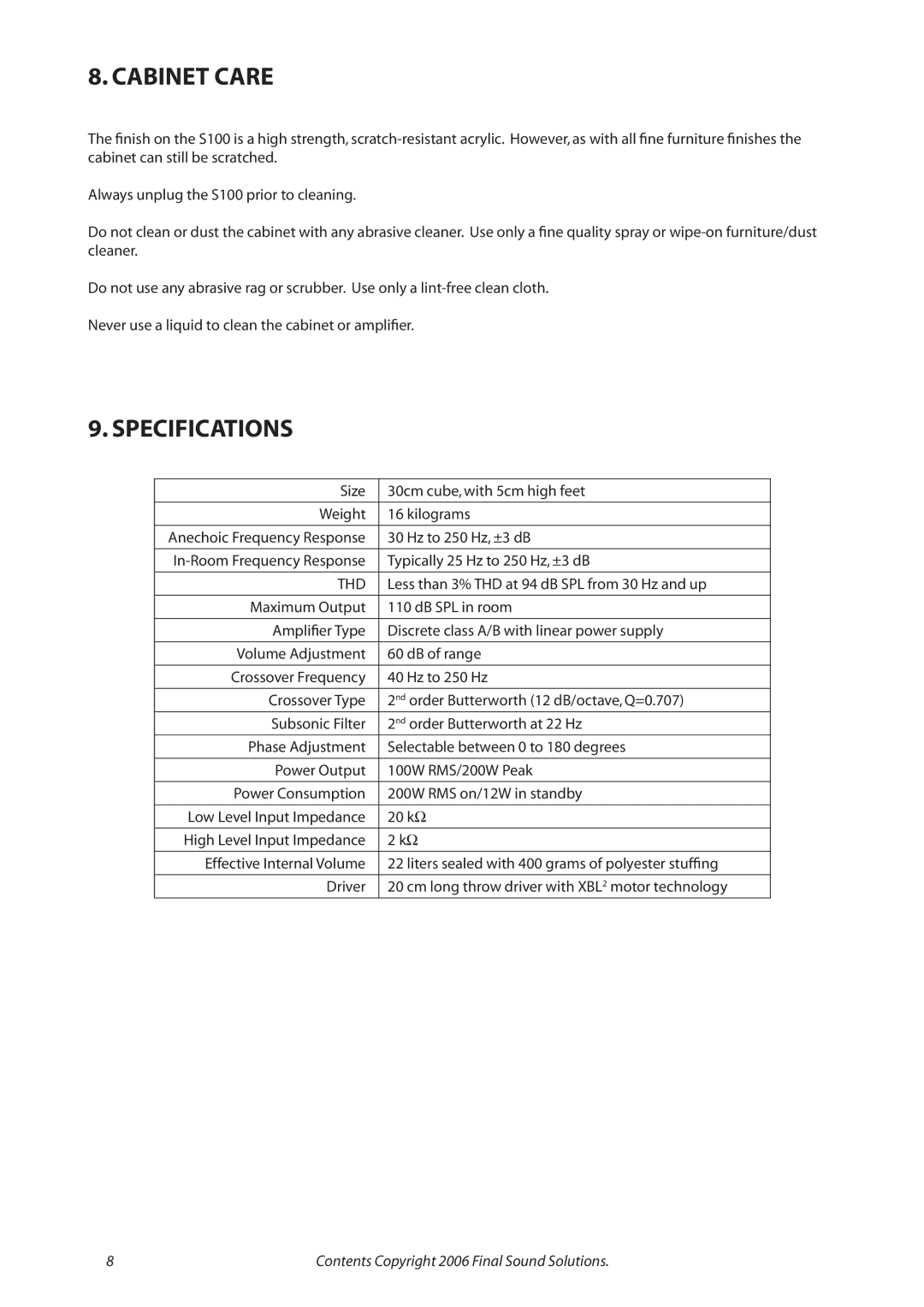 Final Sound S100 user manual Cabinet Care, Specifications 