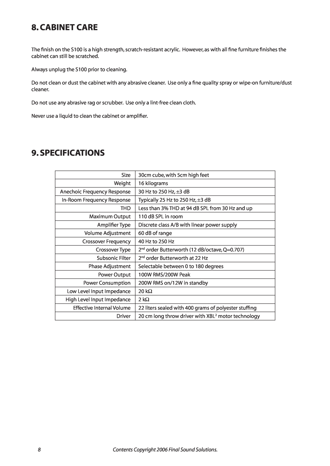 Final Sound S100 user manual Cabinet Care, Specifications 