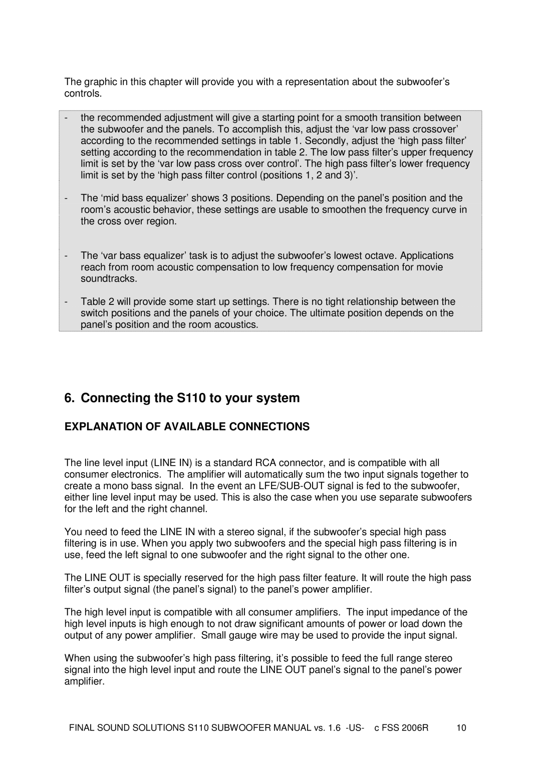 Final Sound user manual Connecting the S110 to your system, Explanation of Available Connections 