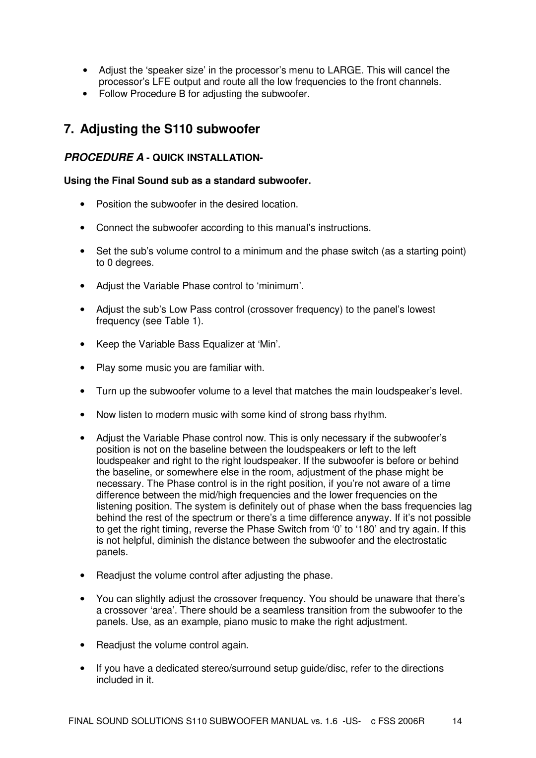 Final Sound user manual Adjusting the S110 subwoofer, Procedure a Quick Installation 