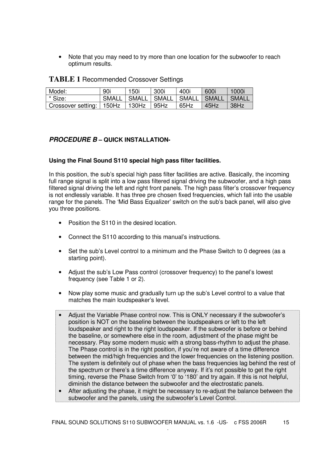 Final Sound S110 user manual Recommended Crossover Settings 