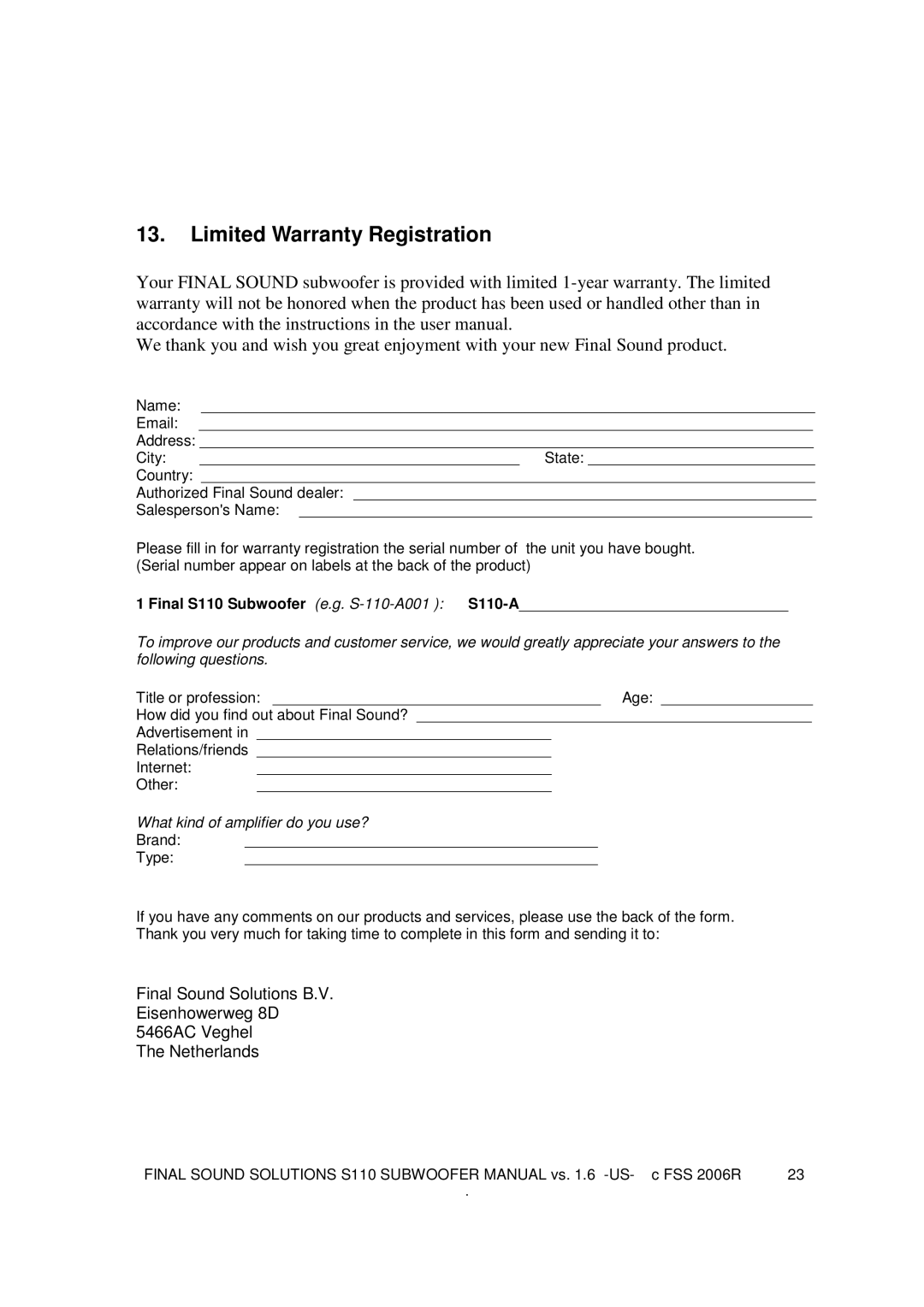 Final Sound S110 user manual Limited Warranty Registration 