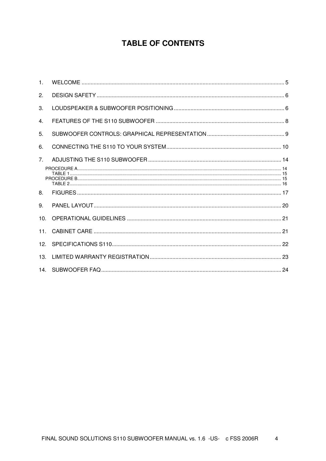 Final Sound S110 user manual Table of Contents 