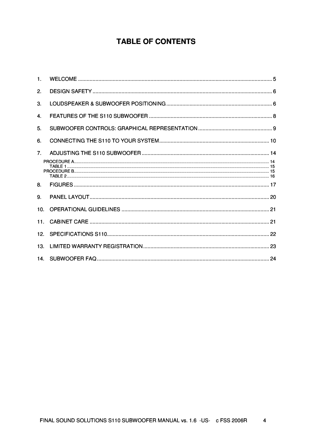 Final Sound S110 user manual Table Of Contents 