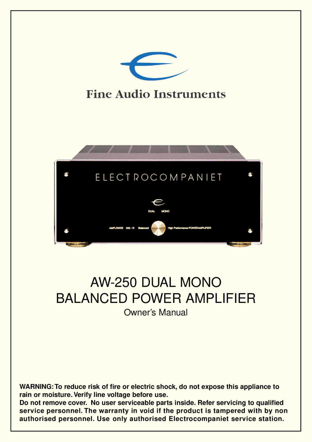 Fine Digital owner manual AW-250 Dual Mono Balanced Power Amplifier 