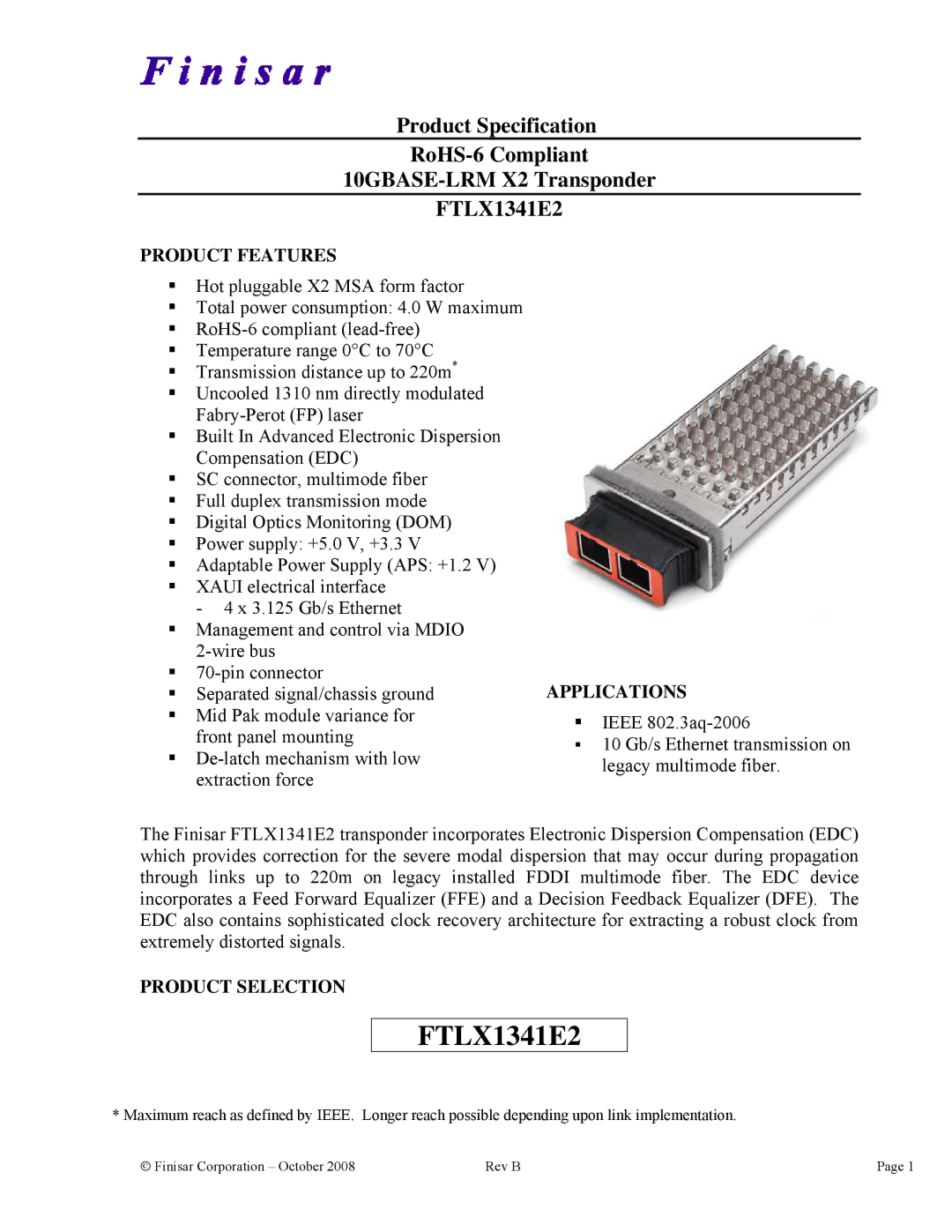 Finisar FTLX1341E2, 10GBASE-LRM X2 manual 