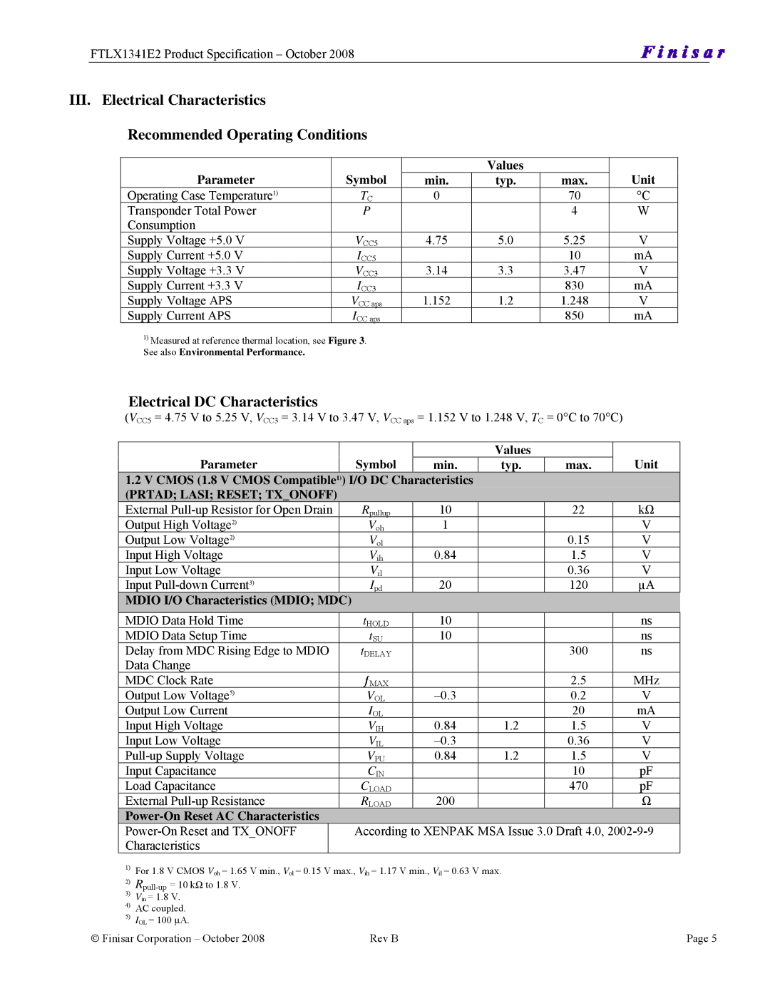 Finisar FTLX1341E2, 10GBASE-LRM X2 manual Electrical DC Characteristics, Parameter Symbol Values Unit Min Typ Max 