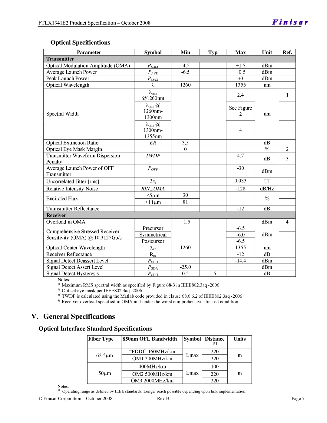 Finisar FTLX1341E2 manual General Specifications, Optical Specifications, Optical Interface Standard Specifications 