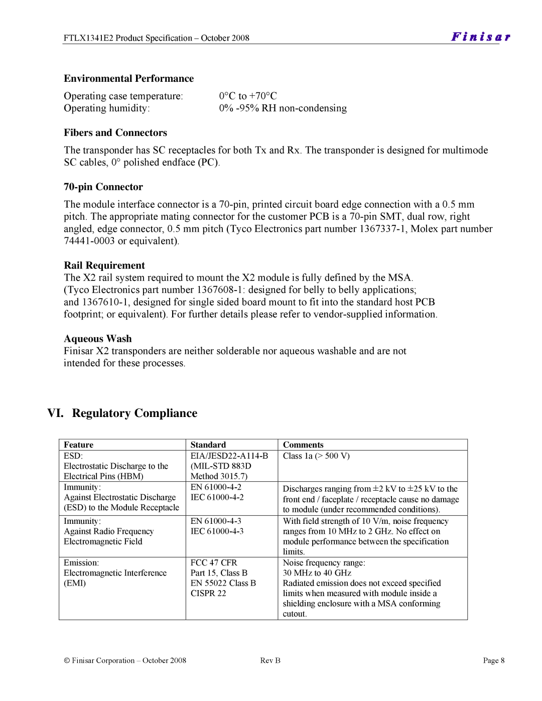 Finisar 10GBASE-LRM X2, FTLX1341E2 manual VI. Regulatory Compliance 