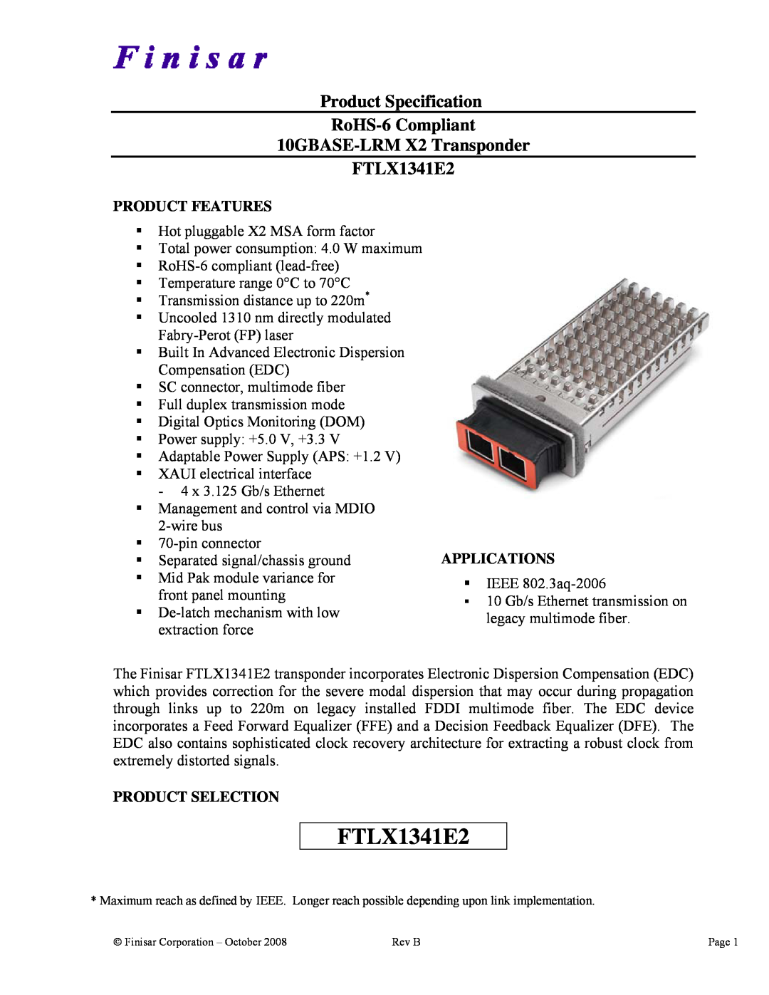 Finisar FTLX1341E2 manual Product Specification RoHS-6 Compliant 10GBASE-LRM X2 Transponder, Product Features 