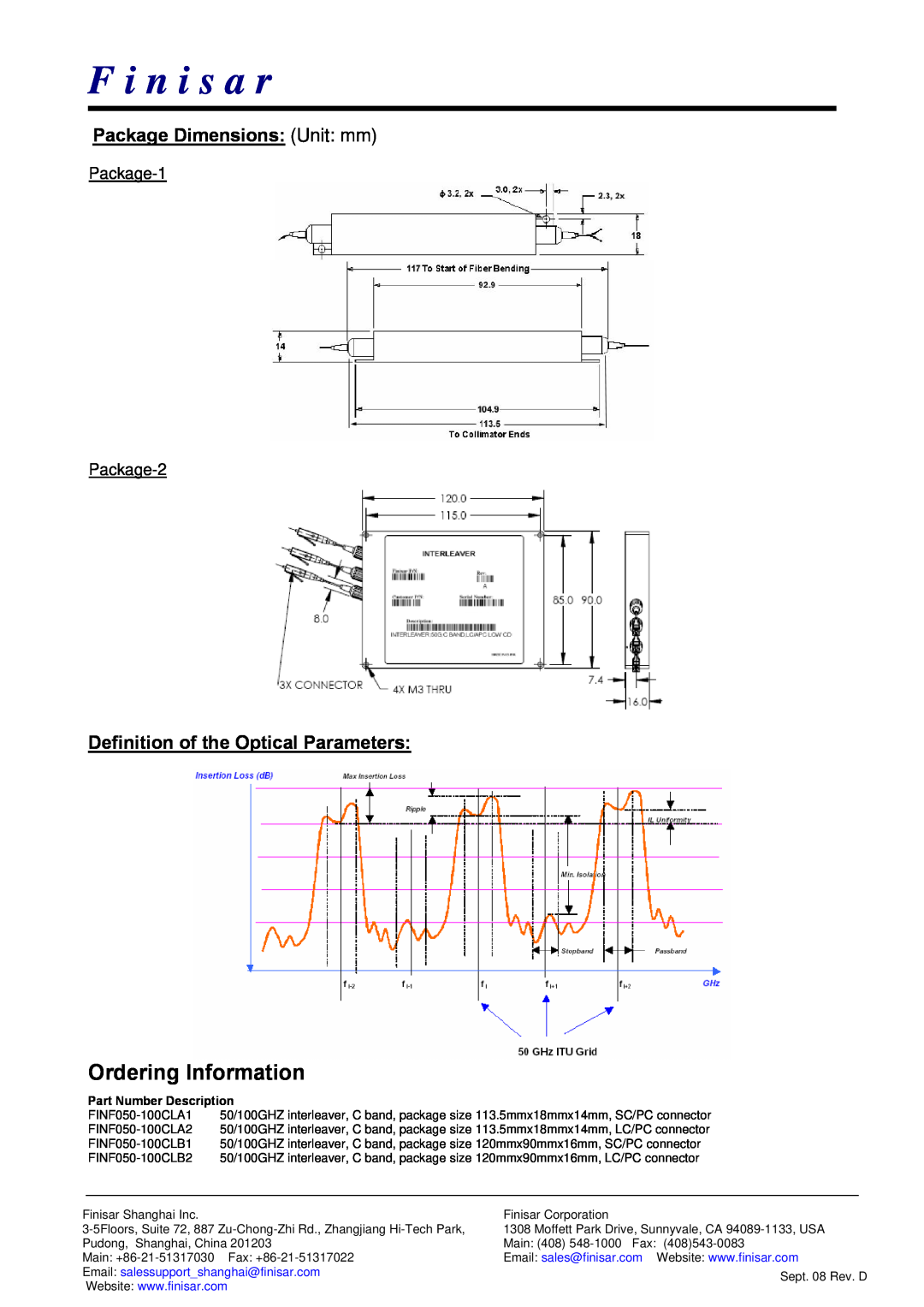 Finisar 50G Package Dimensions Unit mm, Definition of the Optical Parameters, F i n i s a r, Ordering Information 