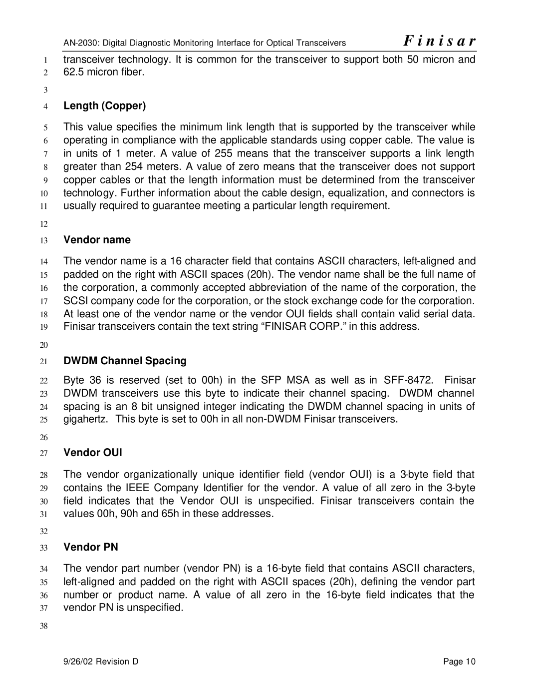 Finisar AN-2030 specifications Length Copper, Vendor name, Dwdm Channel Spacing, Vendor OUI, Vendor PN 