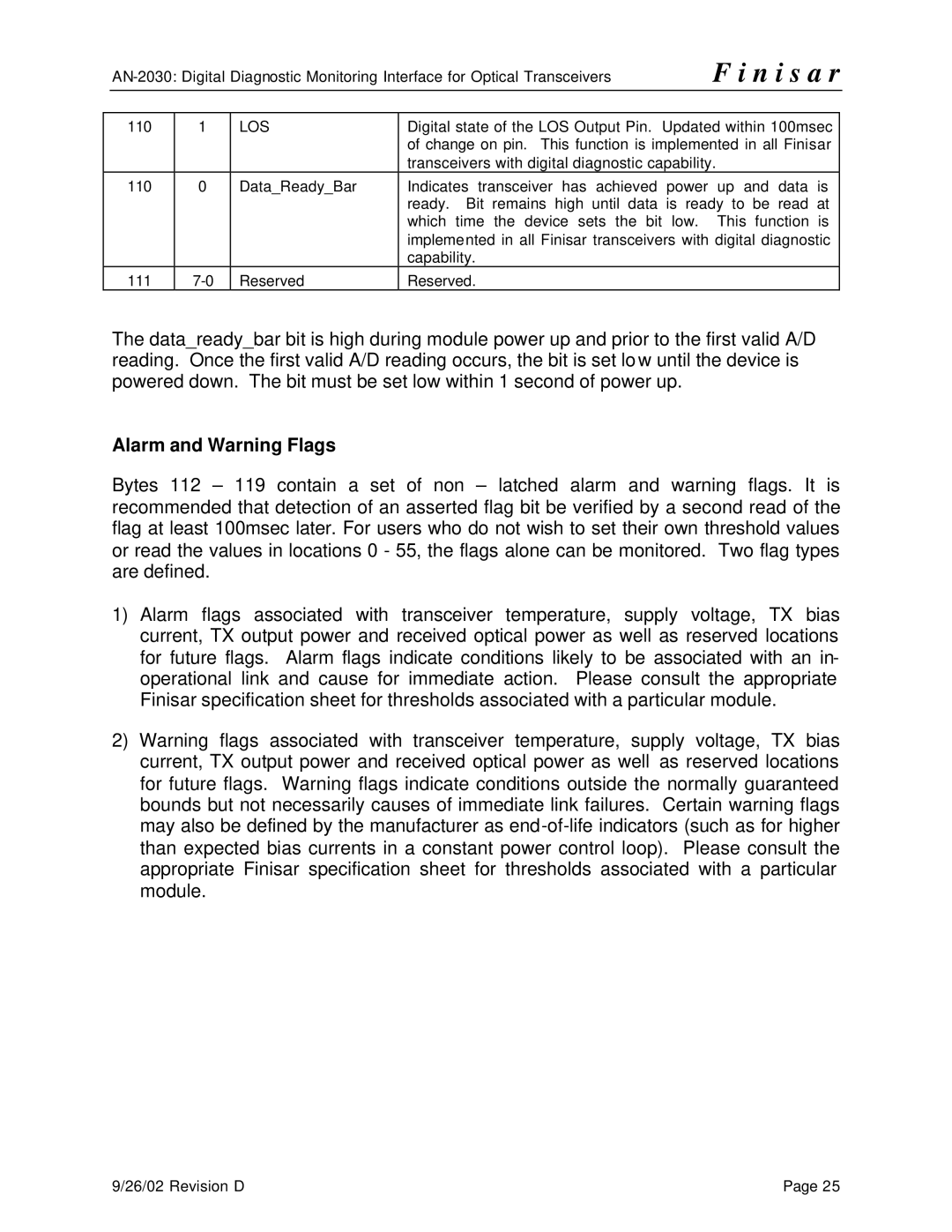 Finisar AN-2030 specifications Alarm and Warning Flags, Los 