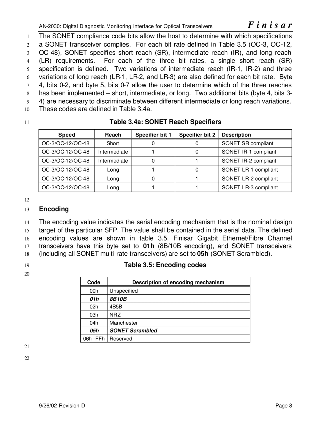 Finisar AN-2030 specifications 4a Sonet Reach Specifiers, Encoding, Speed Reach Specifier bit Description 