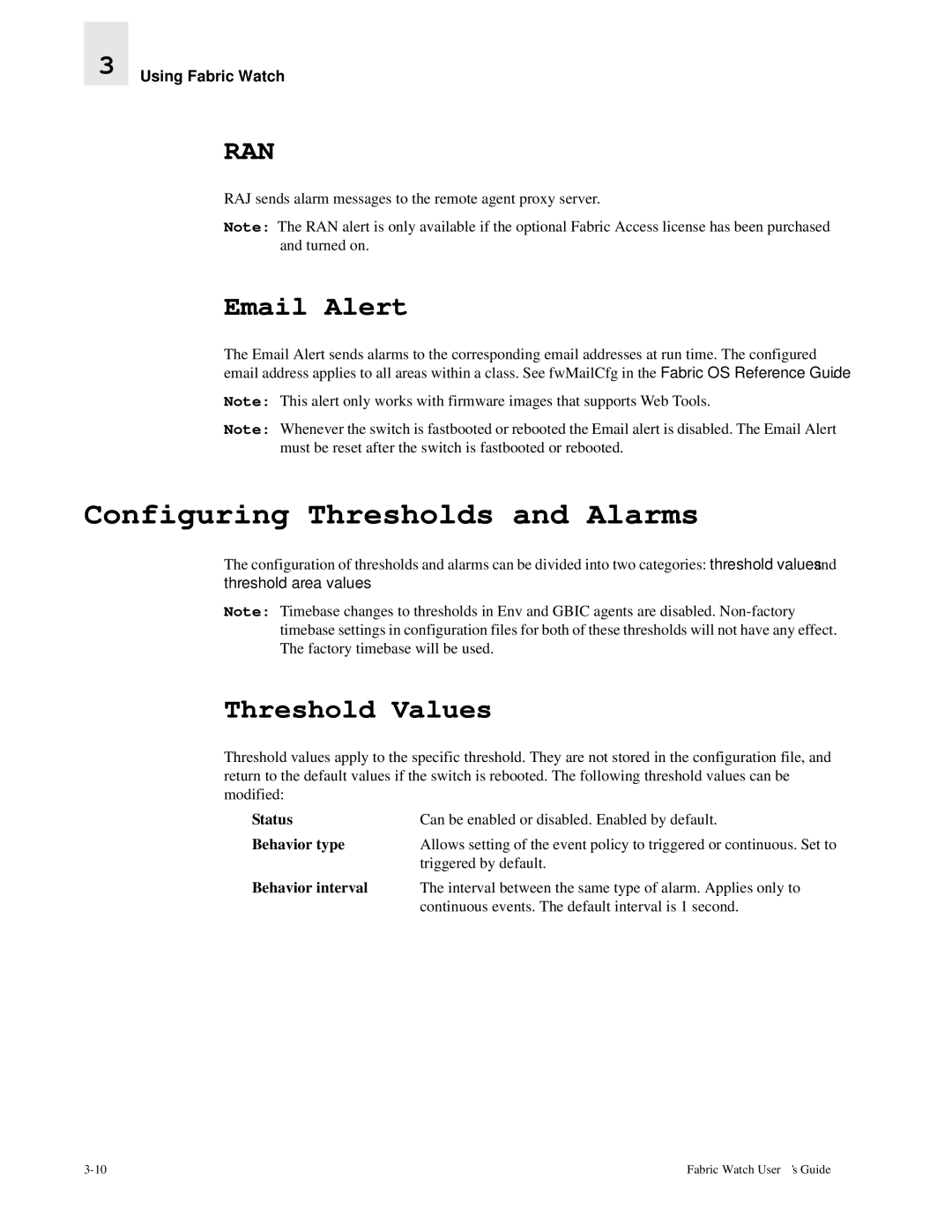 Finisar Brocade Fabric Watch manual Configuring Thresholds and Alarms, Email Alert, Threshold Values 